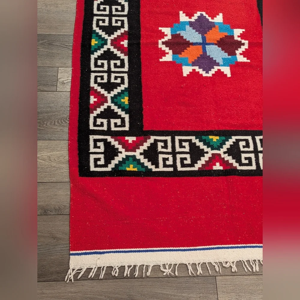 Vintage 1960s Traditional Geometric Mexican Woven Tapestry Blanket Rug 76